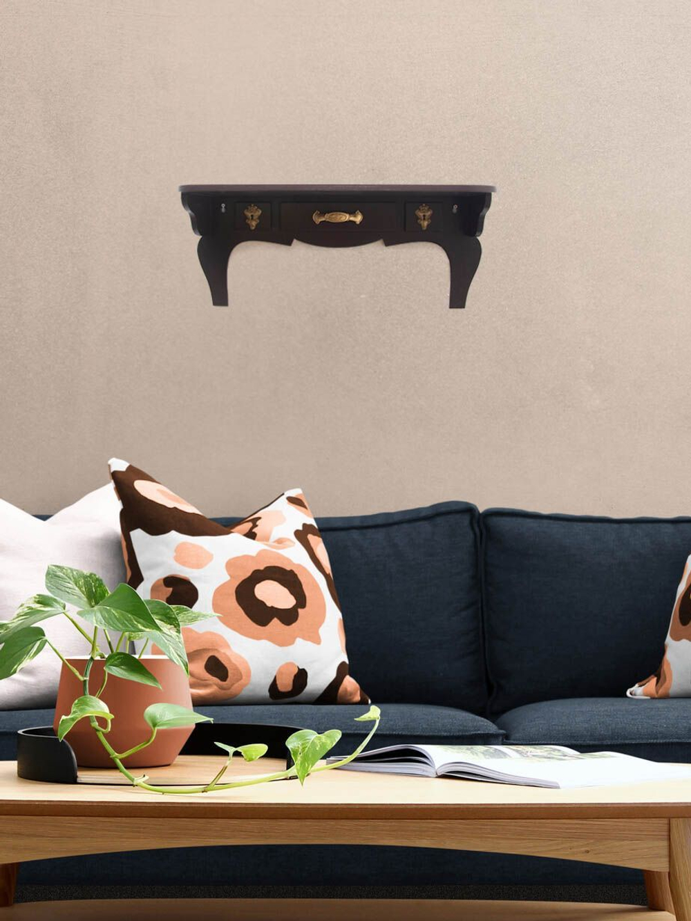 Полка  "Комодик" серая с лепниной и белой патиной, 50х15см.