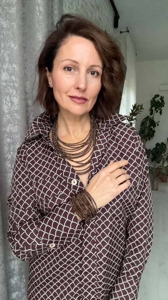 Колье каскад "Венеция", оттенок шоколад (коньяк), венец.стекло, натур.кожа