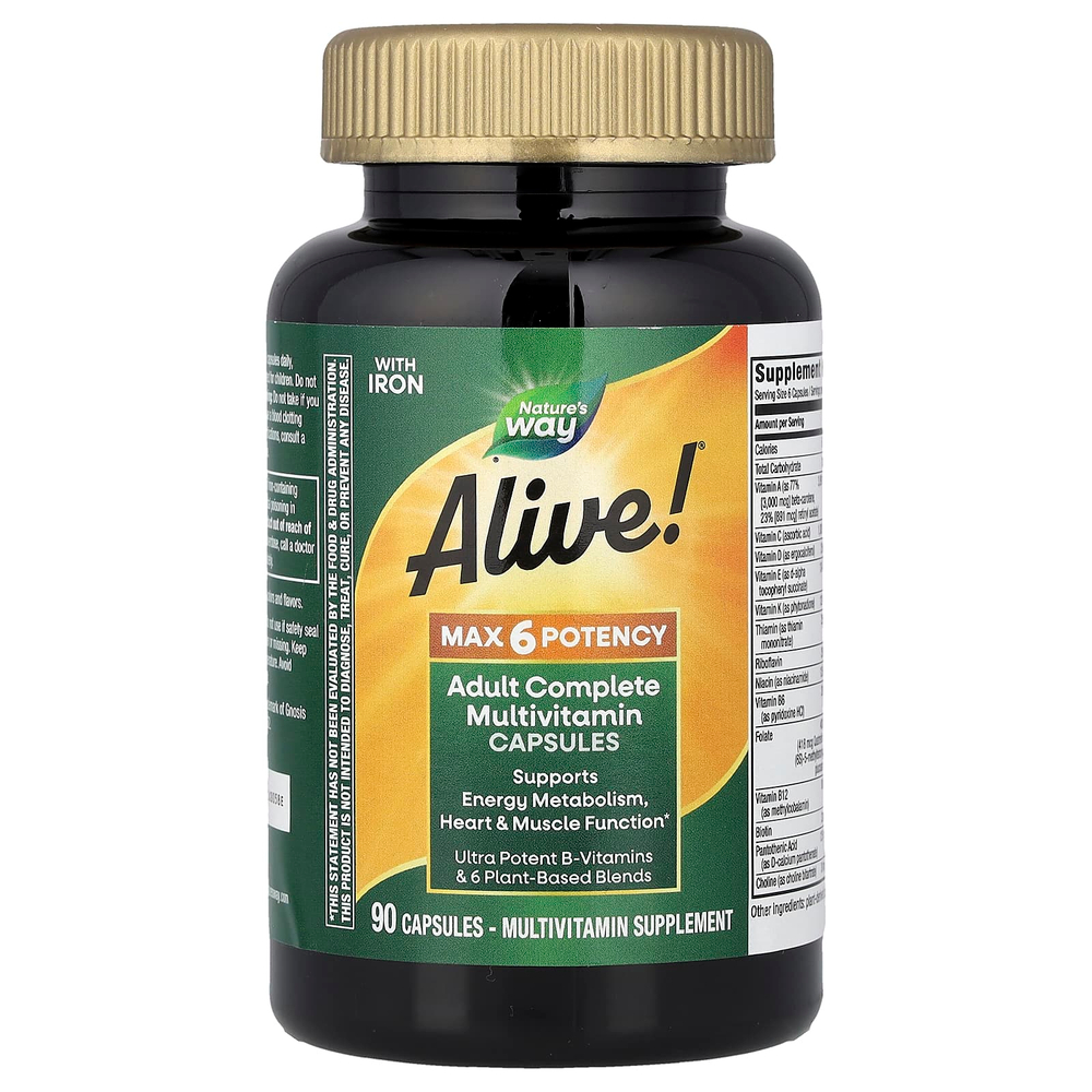 Nature's Way, Alive!® Max 6 Potency, полный мультивитаминный комплекс для взрослых, с железом, 90 капсул