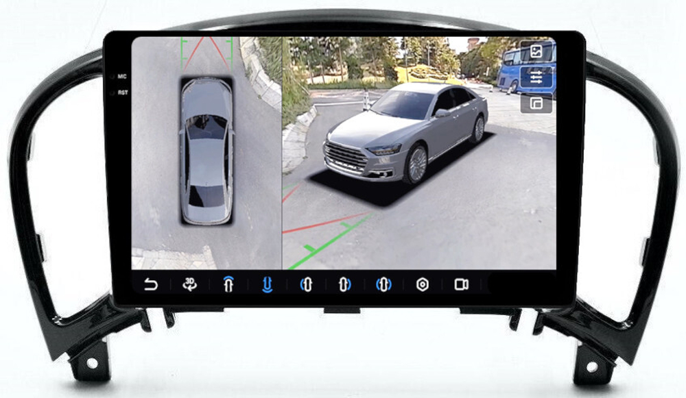 Магнитола для Nissan Juke 2011-2019 - FarCar BX749M-360 монитор 9.5" 2K QLED на Android 13, 6Гб+128Гб, CarPlay, 4G SIM-слот, 4 камеры в комплекте