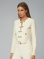 Укороченная бежевая джинсовая куртка с накладными карманами