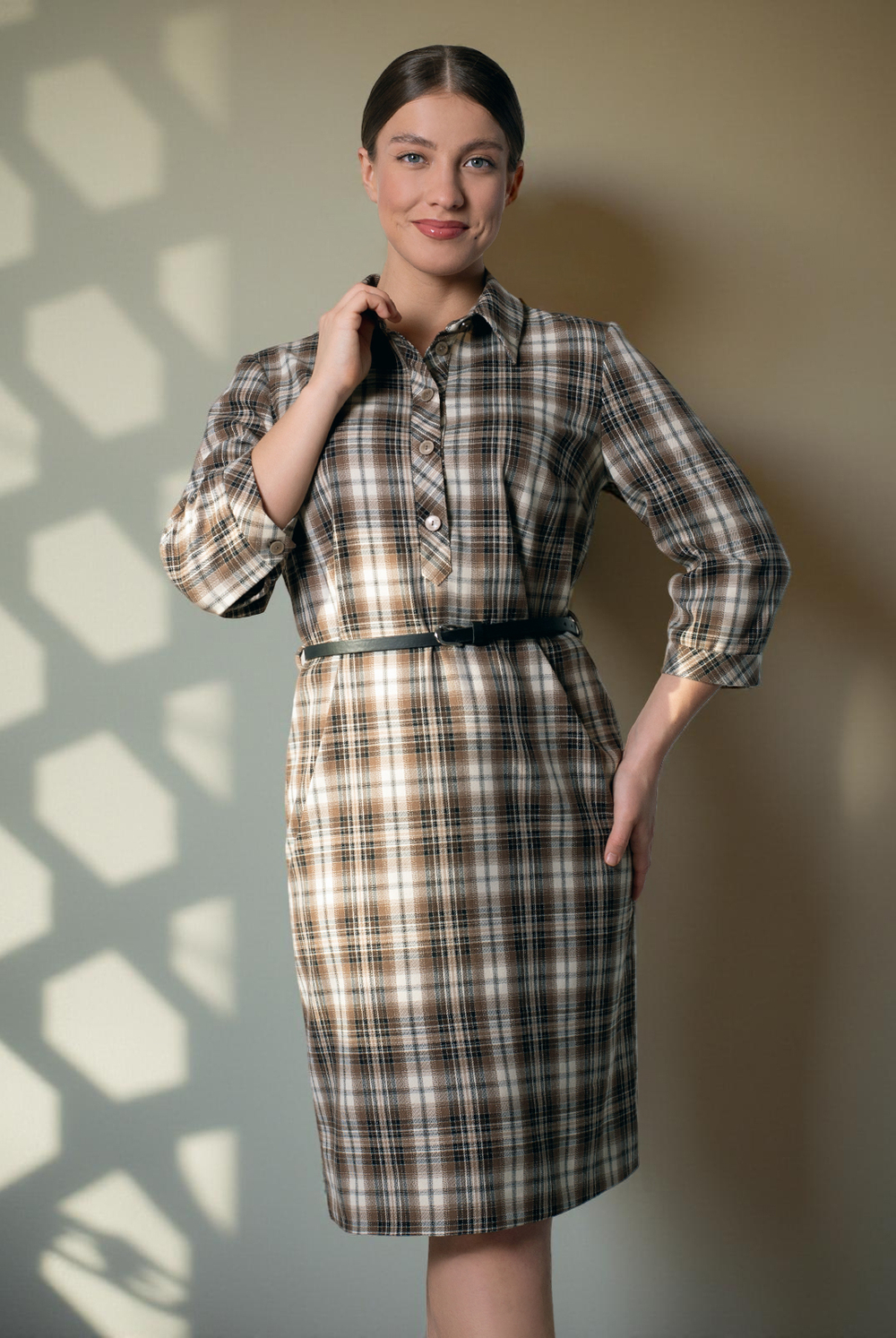 Платье женское 1655А, клетка беж #406Кбе051655А