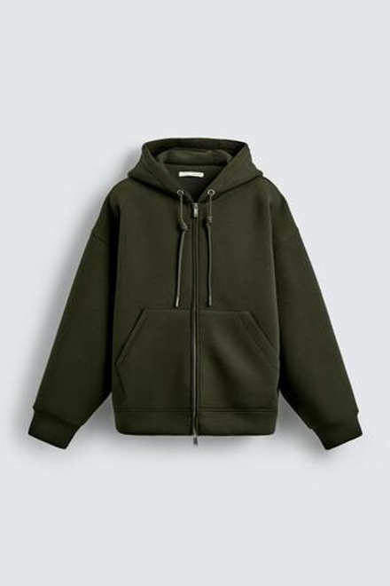 ZARA ХУДИ С КАПЮШОНОМ ИЗ НЕОПРЕНА, ТЕМНО-ЗЕЛЕНЫЙ