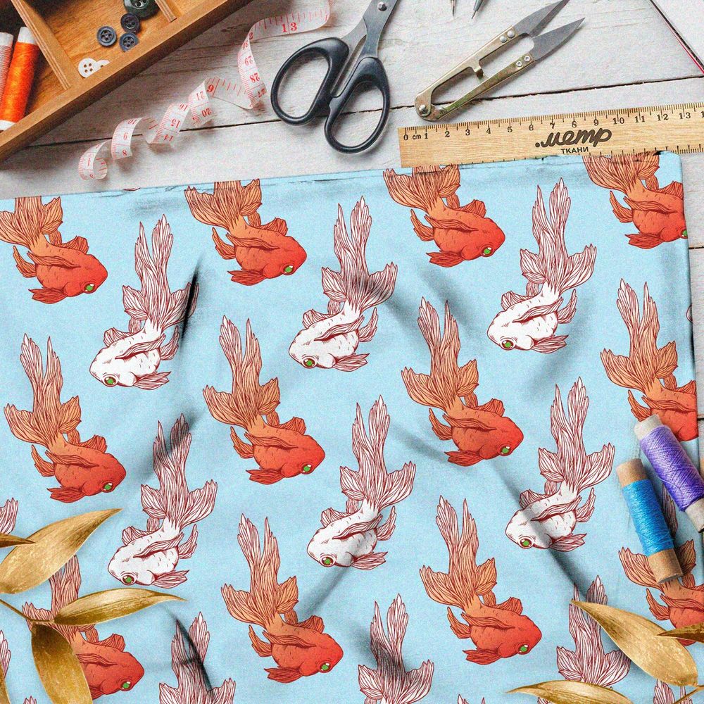 Ткань оксфорд 600 золотые и белые рыбки на голубом фоне