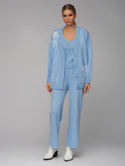 Женский трикотажный костюм-тройка голубой с кардиганом