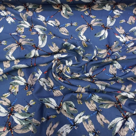 Штапель Стрекозы на синем/вискоза