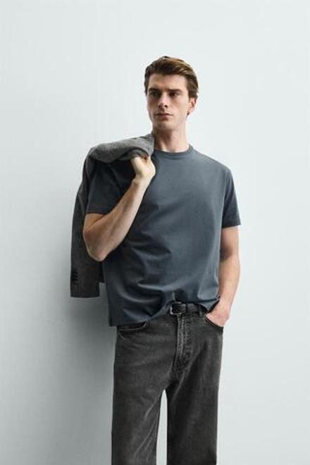 ZARA ФУТБОЛКА MEDIUM WEIGHT БАЗОВАЯ, СИНЕВАТЫЙ