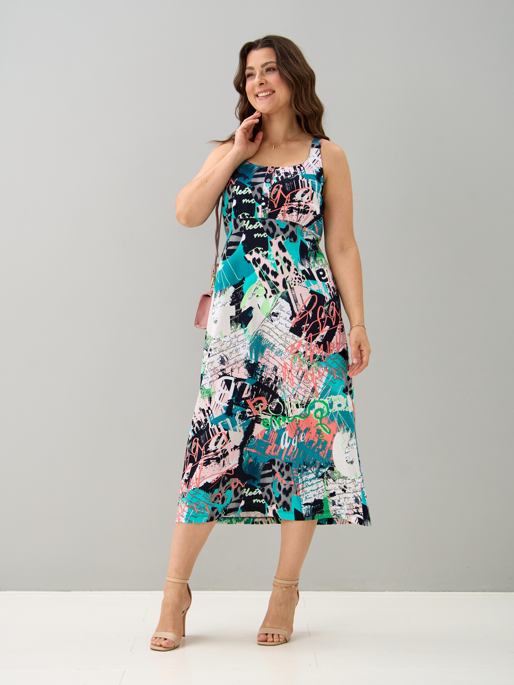 Платье П-015/бирюзаабстракция-надписи