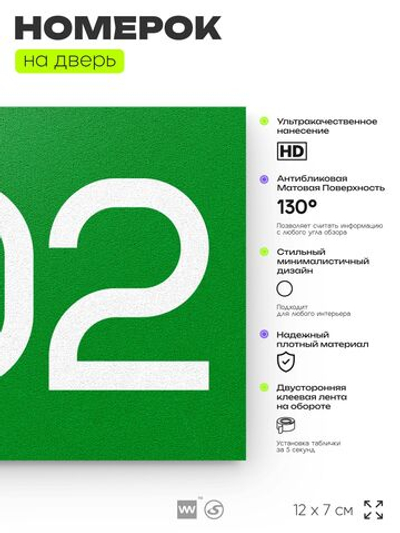Номер на дверь 202, табличка на дверь для офиса, квартиры, кабинета, аудитории, склада, зеленая 120х70 мм, Айдентика Технолоджи