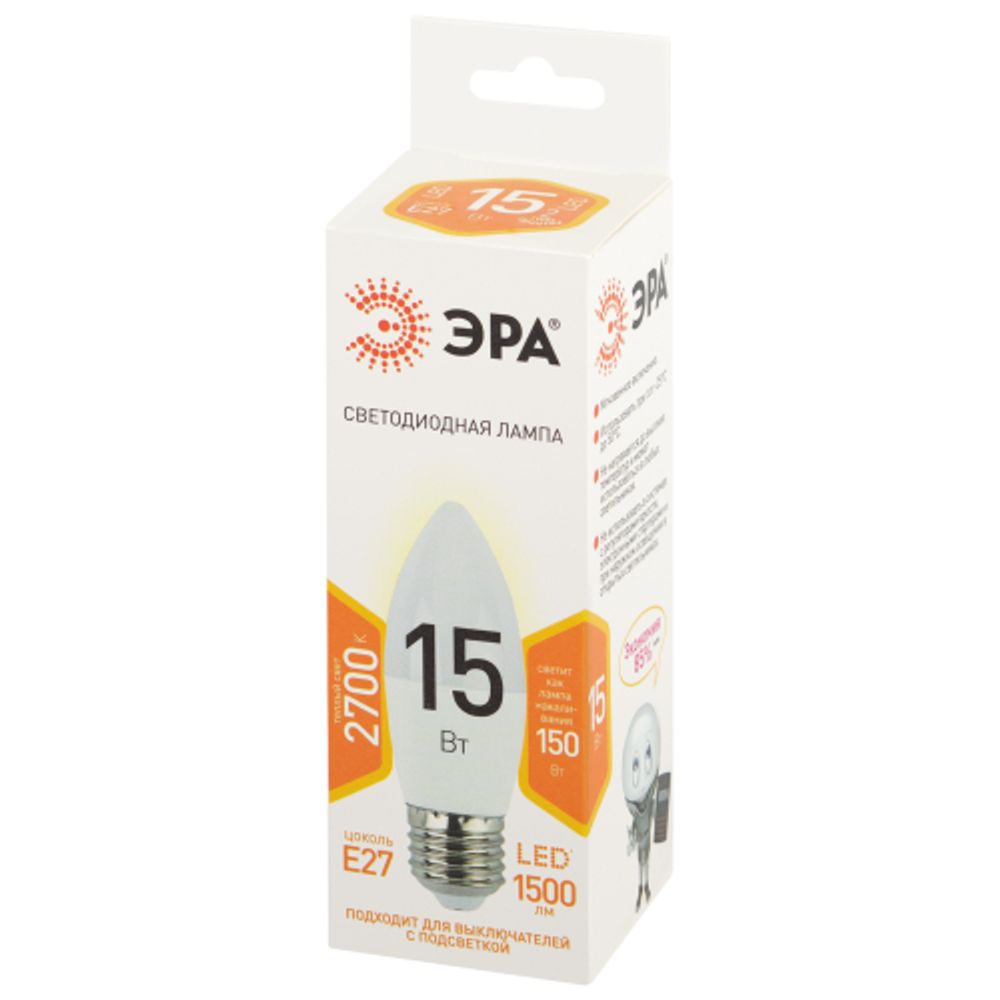 Лампа светодиодная ЭРА STD LED B35-15W-827-E27 15т свеча теплый белый свет Е27 | Лампы cветодиодные Свеча (B/C)