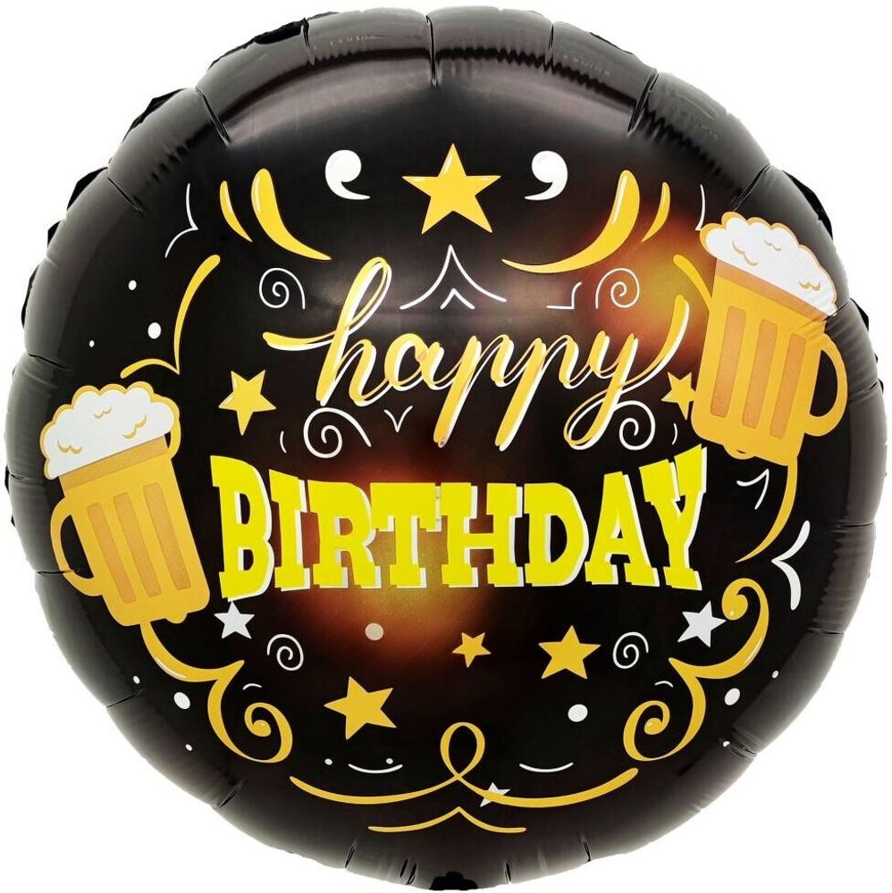 Шар (18''/46 см) Круг, Happy Birthday (кружки пива), Черный, 1 шт. в уп.