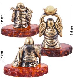 Народные промыслы AM-3819 Комплект фигурок «Хотей-Долголетие,Духовное развитие, Благополучие» (латунь, янтарь)