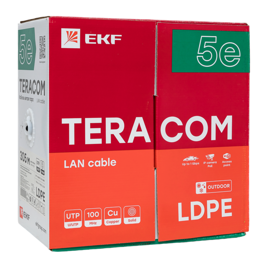 Кабель витая пара TERACOM Cat.5E U/UTP 4 пары solid внешний оболочка LDPE цвет черный (упак. 305м) (305.00 шт.)