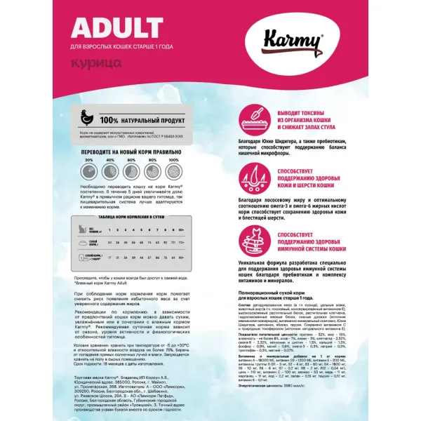 Сухой корм Karmy Adult Cat для взрослых кошек, с курицей