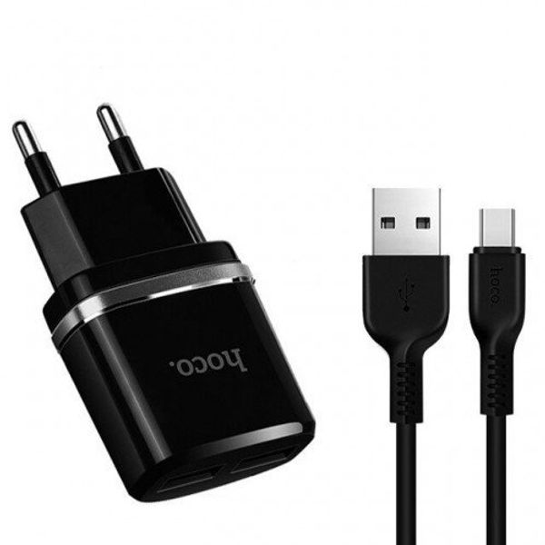Адаптер питания Hoco C12 Smart dual USB charger set + Cable Type-C (2USB: 5V max 2.4A) Черный