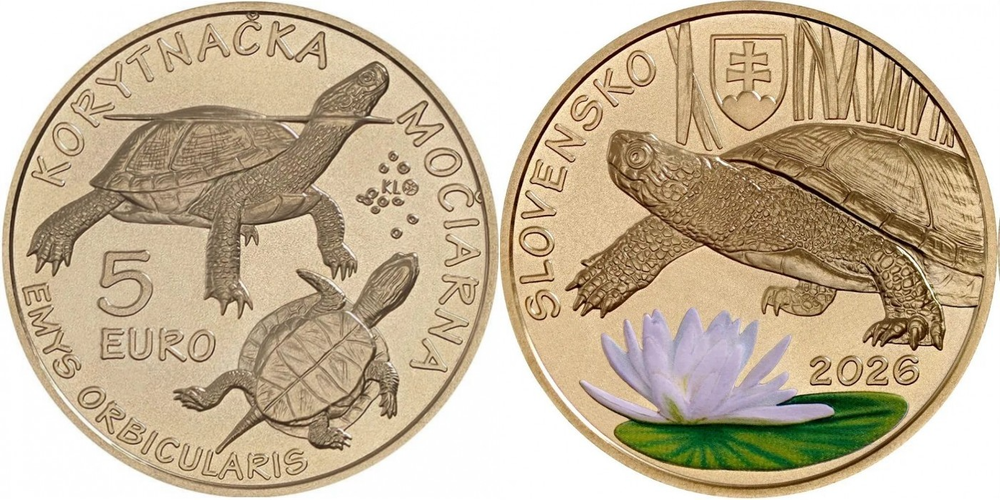 Словакия 5 евро, 2026 Фауна и флора Словакии - Европейская болотная черепаха