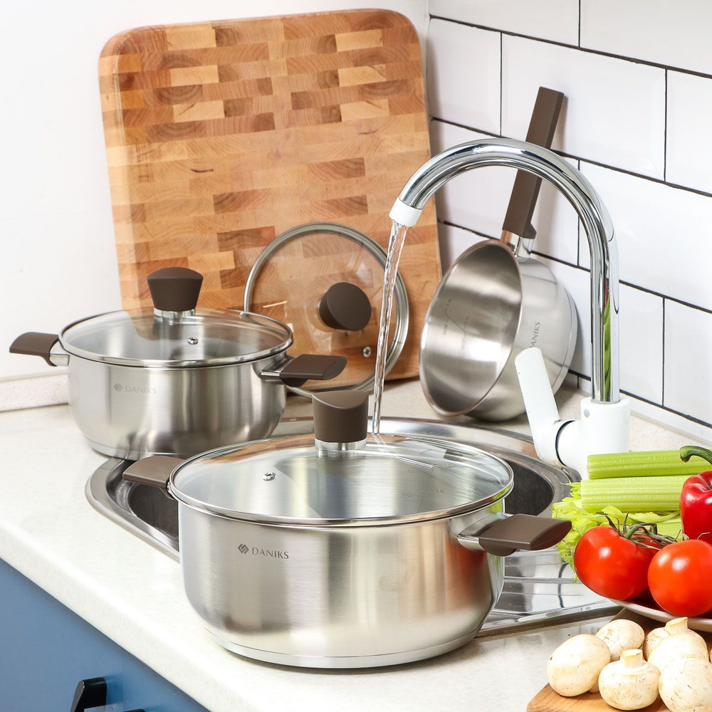 Кастрюля нерж, 4.8 л, с крыш, крышка стекло, Daniks, Savory, SD-A95-24, серебр, индукц