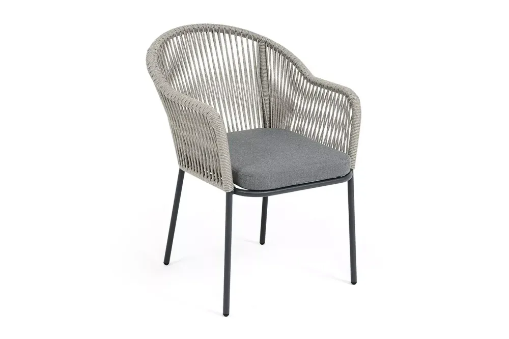 "Лион" стул плетеный из роупа, каркас из стали темно-серый (RAL7024) муар, роуп серый меланж круглый, ткань серая 017
