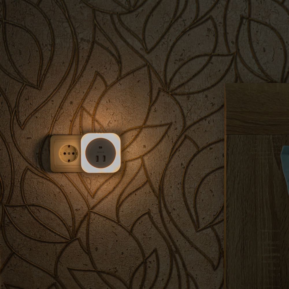 DTL-321 White-Sensor-2USB Светильник ночник с фотосенсором день-ночь. 2USB. Белый. ТМ Uniel