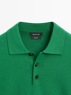 Massimo Dutti Свитер из хлопкового трикотажа с воротником поло, зеленый