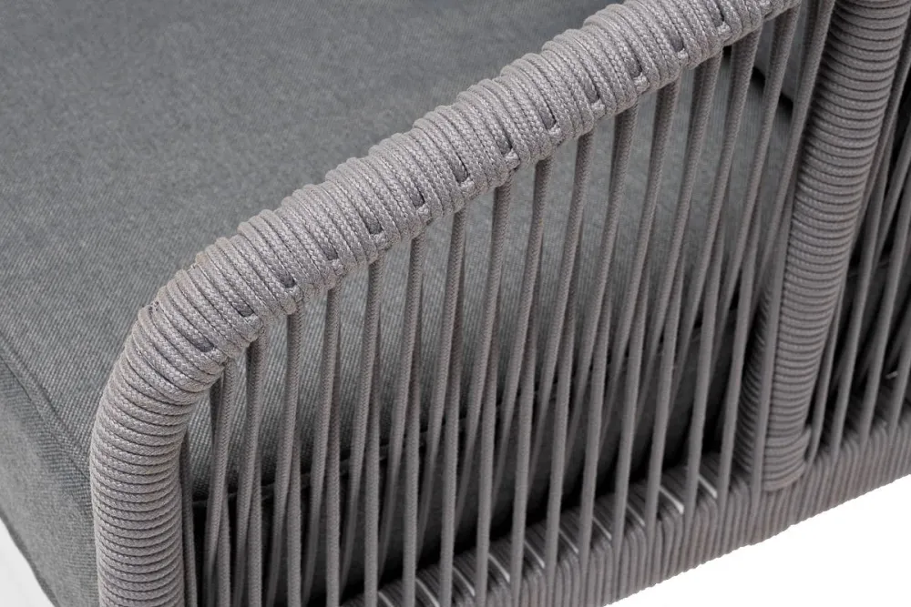 "Канны" диван 3-местный плетеный из роупа, каркас алюминий белый муар, роуп светло-серый круглый, ткань серая 017