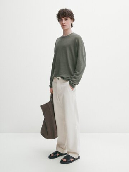 Massimo Dutti Льняной свитер с круглым вырезом, хаки