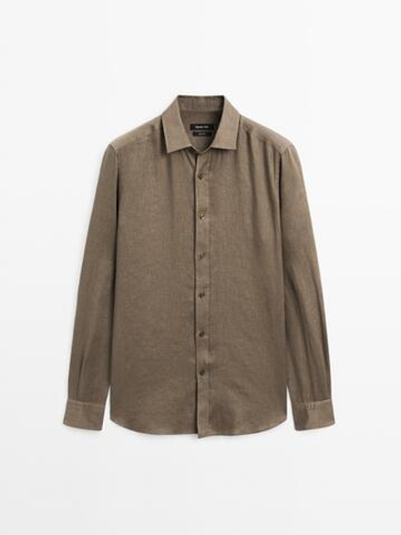 Massimo Dutti Рубашка приталенного кроя из 100% льна, хаки
