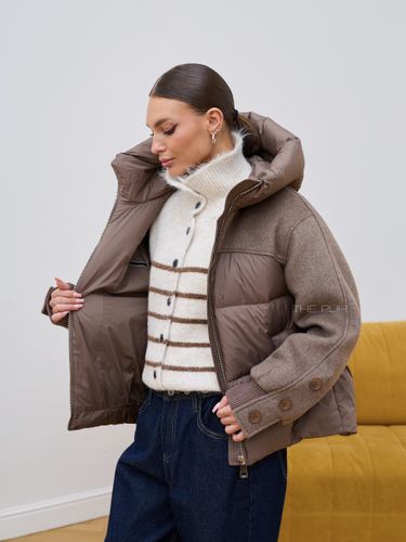 Комбинированный коричневый пуховик с капюшоном
