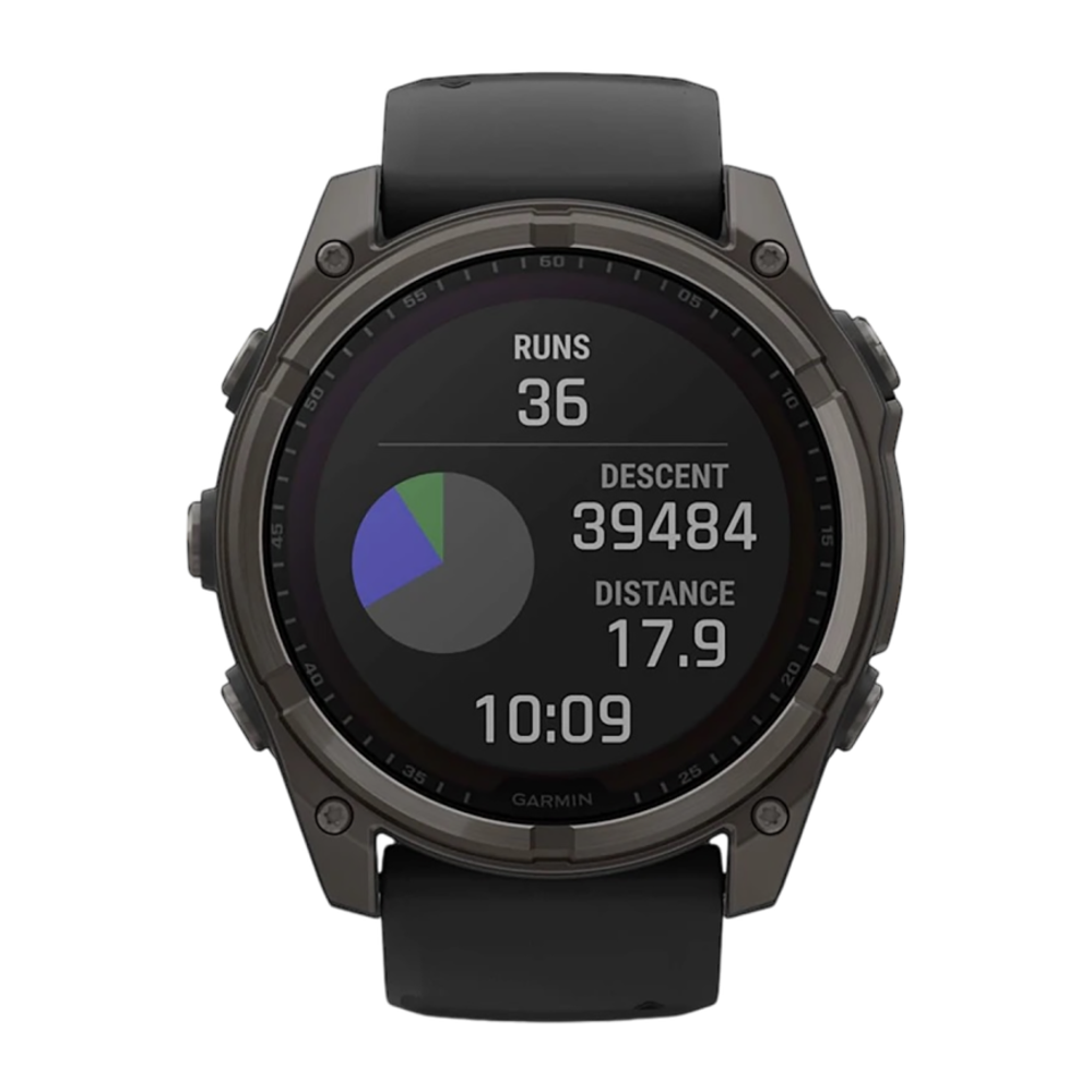 Спортивные часы Garmin fenix 8, 51 мм, Solar, титан с DLC, сапфир, силиконовый ремешок цвета чёрный/«серая галька» Тёмно-серый безель из титана с DLC-покрытием, дисплей Solar. Ремешок с классической застёжкой — на запястье обхватом 127–210 мм
