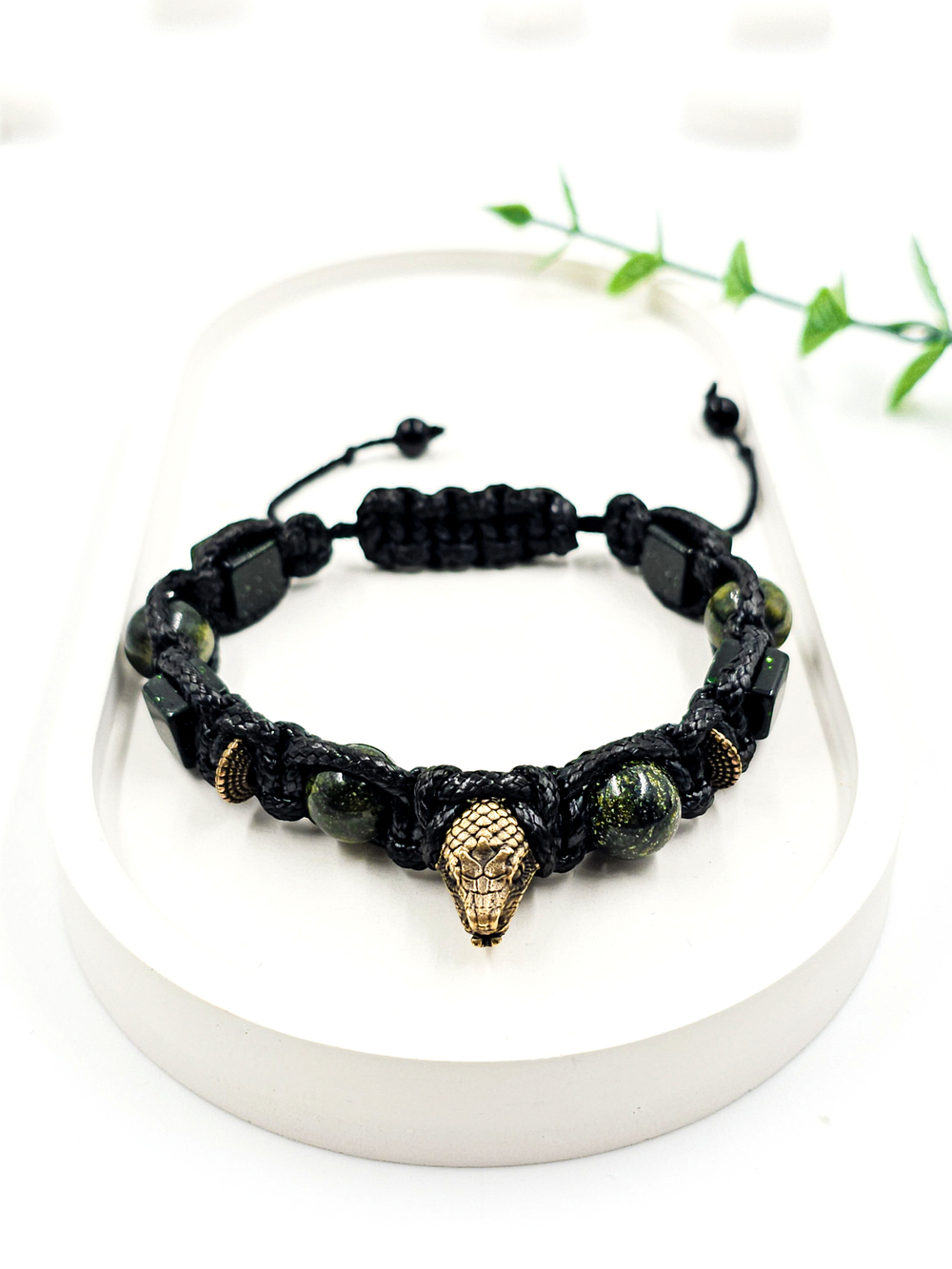 Мужской браслет на руку Змея. Авантюрин и Змеевик