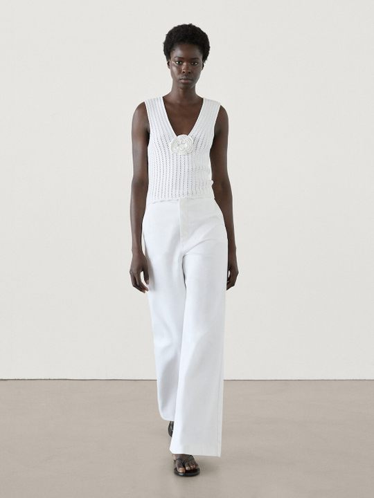 Massimo Dutti Трикотажный топ с цветком, натуральный