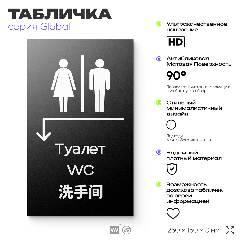 Табличка Туалет налево и налево, на дверь и стену, информационная и мультиязычная (русский, английский, китайский), серия GLOBAL, 25х15 см, Айдентика Технолоджи