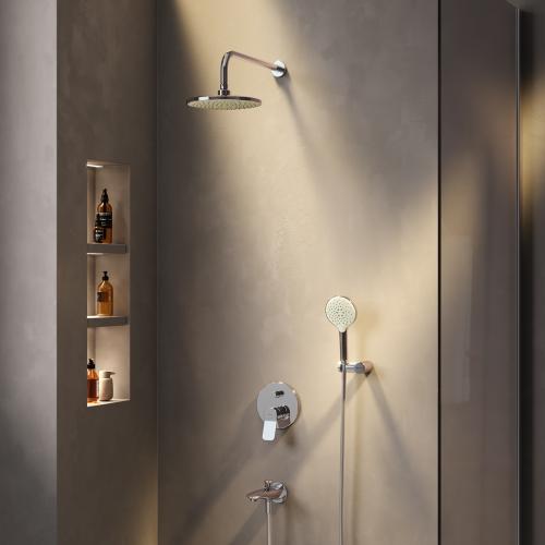 Набор: смеситель для ванны и душа, верхний душ с держателем, душевой набор и излив на ванну AM.PM X-Joy FB85A10020