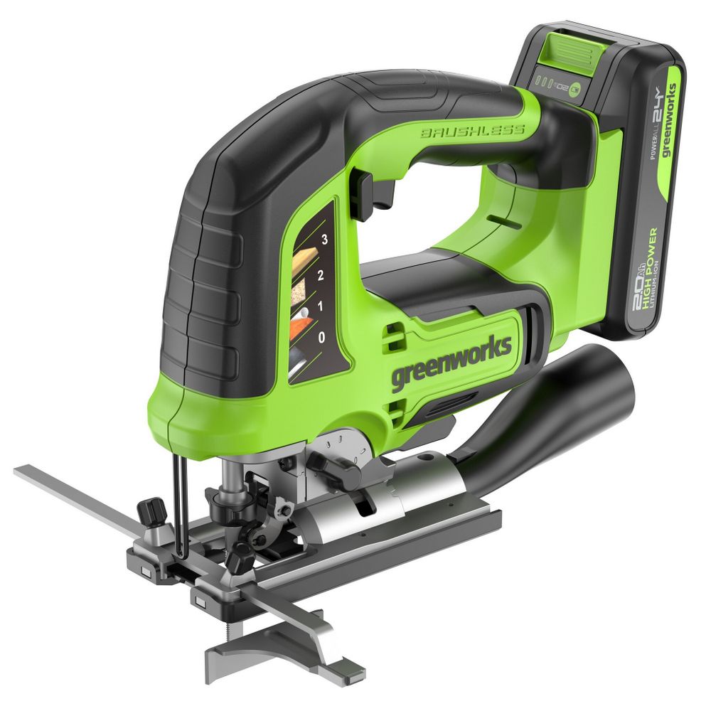 Лобзик акк. Greenworks GD24JS120, 24V, б/щет, 120 мм, 0-3500/мин, 4-ст.маятник, алю.подошва,LED,1х2Ач,ЗУ,кор (3601407CUA)