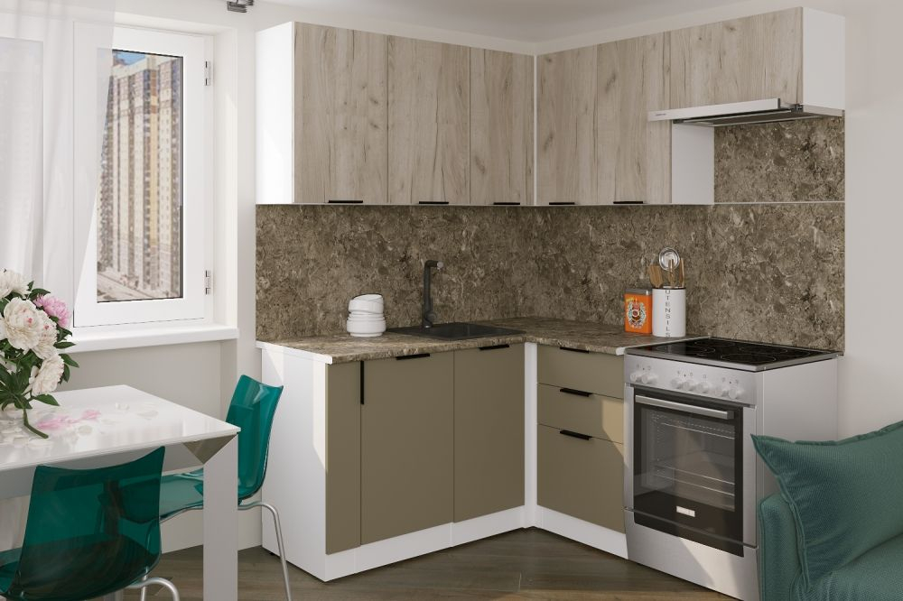 Кухонный гарнитур Альба мега прайм 1600х1700 мм, каркас ЛДСП, фасад ЛДСП, Белый/Дуб браун/Мокко