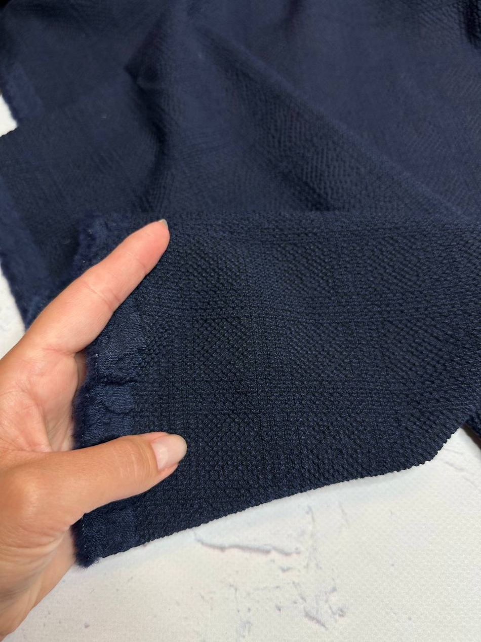 Костюмно-плательная жаккардовая фактурная шерсть (Marzotto, 100%шерсть, Синий однотон с тонкой клеткой, 149, 260 гр/м2)