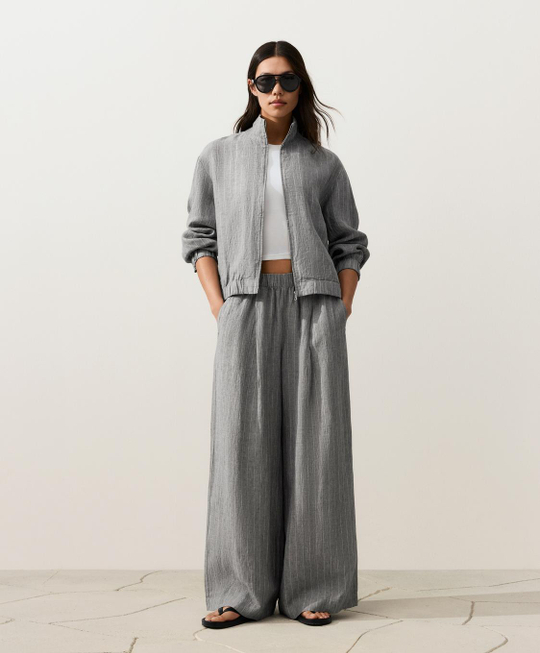 OYSHO Брюки с широкими штанинами из 100% льна, светло-серый