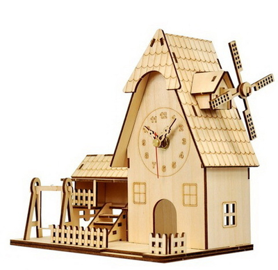 Часы деревянный конструктор "Домик мельница" Декор для дома, подарок