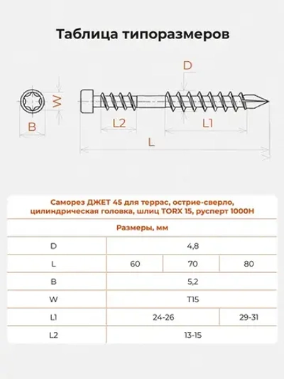 Саморез по дереву Gwozdeck для Террасной доски Потайной 5,0*60 Окрашенный Torx15 Упаковка 500 шт., подходит для ДЖЕТ 45/ДЖЕТ 90