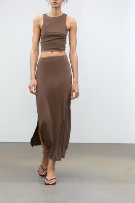 ZARA ЮБКА МИДИ СТРУЯЩЕГОСЯ КРОЯ, КОРИЧНЕВЫЙ