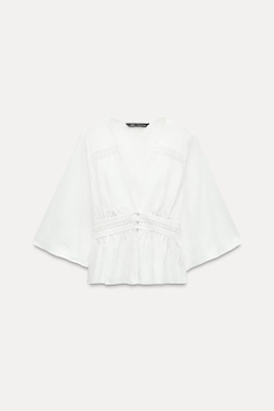 ZARA КРОП-ТОП С КРУЖЕВОМ, БЕЛЫЙ