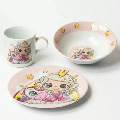 Набор посуды керамика, 3 шт, Принцесса и единорог, тарелка 17.5/18 см, салатник 15 см, кружка 230 мл, Daniks