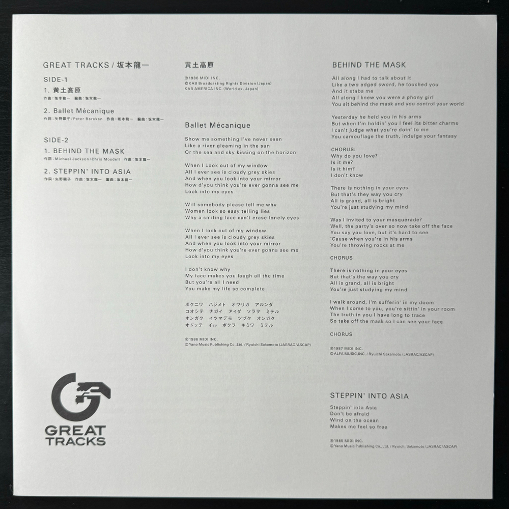 Ryuichi Sakamoto ‎– Great Tracks (Япония 2020г.)