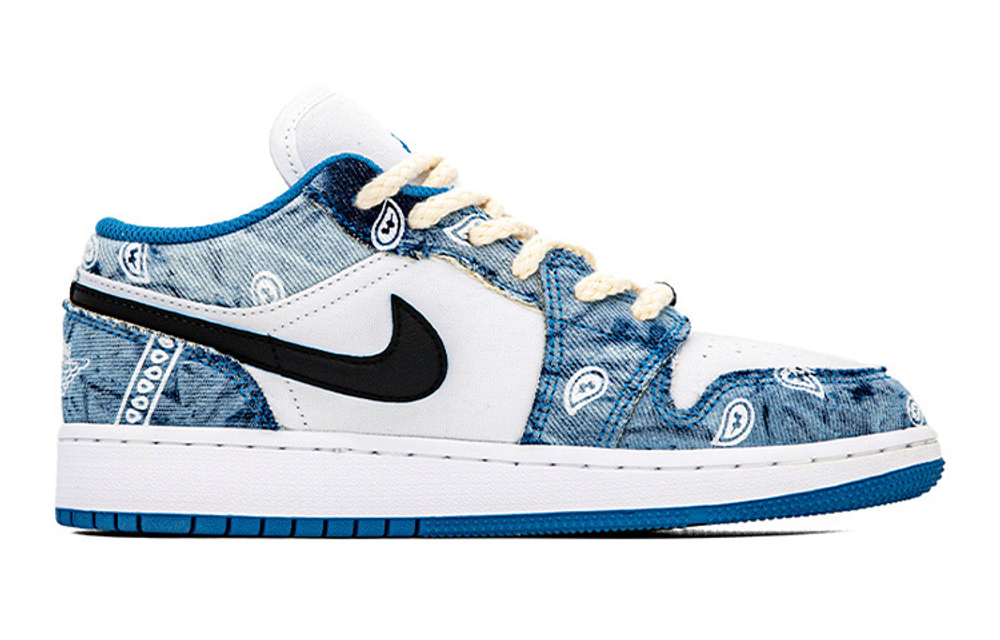 [Customized sneakers] Jordan Air Jordan 1 Low "Washed Denim" Denim washed denim cashew flower hemp rope casual low-cut retro basketball shoes GS White Blue