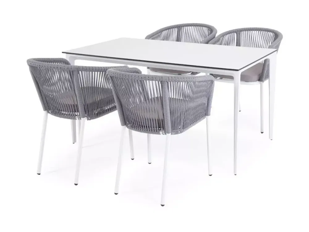 "Малага" обеденная группа на 4 персоны со стульями "Марсель", каркас белый, роуп светло-серый