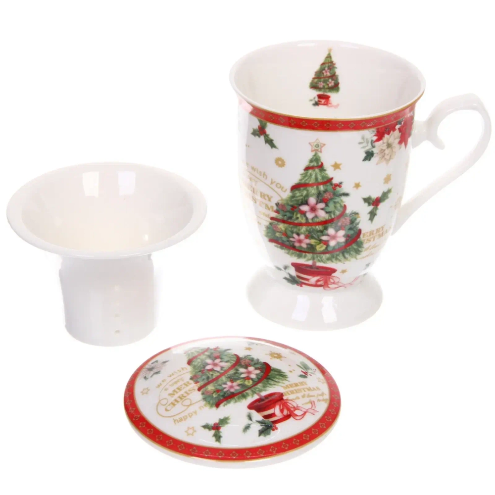 Кружка керамическая 300мл «Ёлочка» с крышкой и ситечком в подарочной коробке