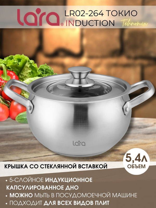 Кастрюля LARA Токио 02-264 5,4л, индукционное капсулированное дно, крышка со стеклянной вставкой