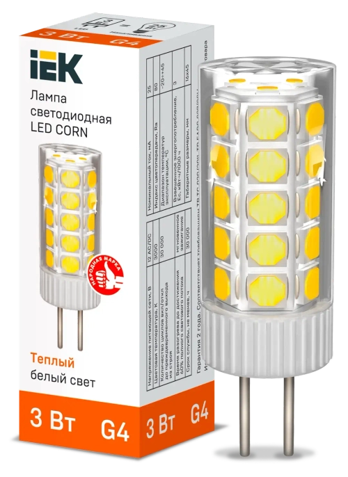 Лампа светодиодная CORN капсула 3Вт 12В 3000К керамика G4 IEK