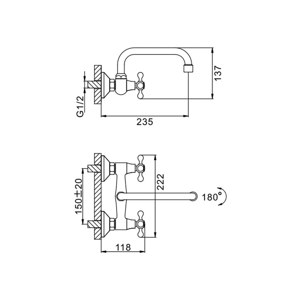 Смеситель для кухни настенный 1/2 кер F4708 FRAP Крест (верхний пов.излив, ХРОМ, силумин)