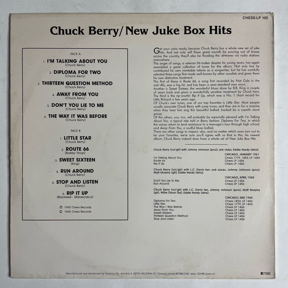Винтажная виниловая пластинка LP Chuck Berry New Juke Box Hits (Финляндия 1987)